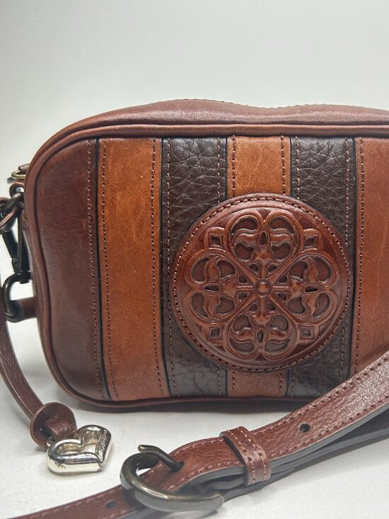 Brighton Handbags - BRIGHTON Ferrara Dominique Leather Crossbody Camera Bag Whiskey Patchwork $295